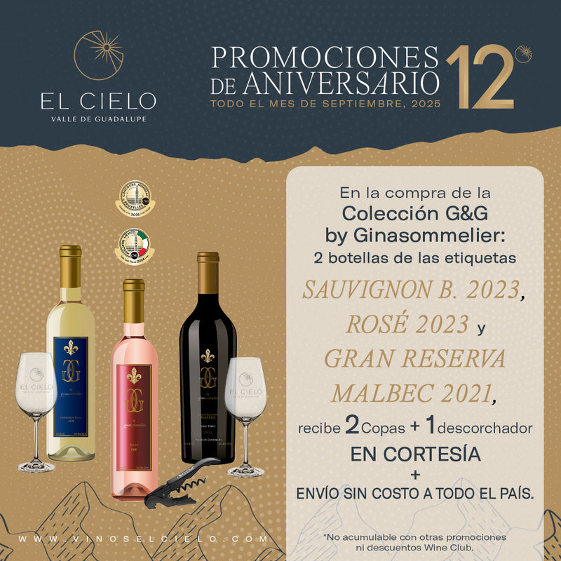 Colección G&G by Ginasommelier: 2 Sauvignon B. 2023, 2 Rosé 2023, 2 Gran Reserva Malbec 2021,  2 Copas y 1 descorchador