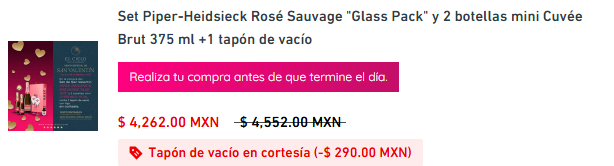 Set Piper-Heidsieck Rosé Sauvage "Glass Pack" y  2 botellas mini Cuvée Brut 375 ml +1 tapón de vacío