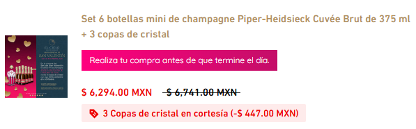 Set 6 botellas mini de champagne Piper-Heidsieck Cuvée Brut de 375 ml + 3 copas de cristal