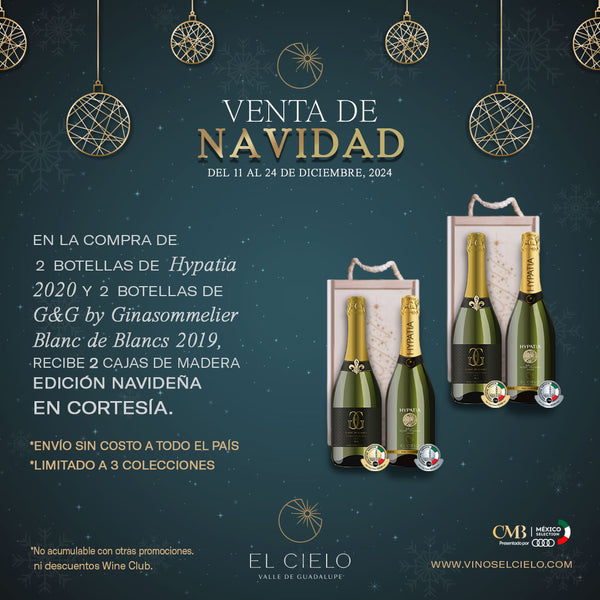 Set de Vinos Espumosos - 2 botellas de Hypatia Brut y 2 botellas G&G Blanc de Blancs + 2 cajas navideñas de madera