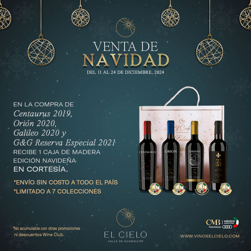 Vinos Tintos MXS CMB 2024 - Centaurus 2019, Orión 2020, Reserva E. 2021 y Galileo 2020 + Caja navideña de madera