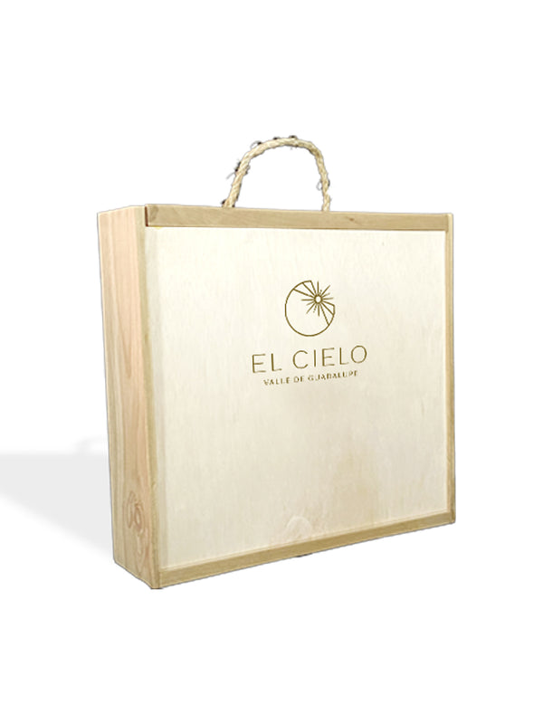 Caja de madera con logotipo para 4 botellas - Vinos El Cielo