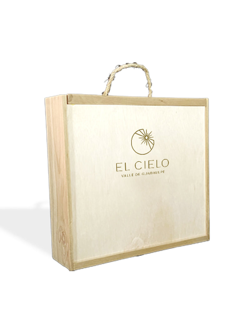 Caja de madera con logotipo para 4 botellas - Vinos El Cielo