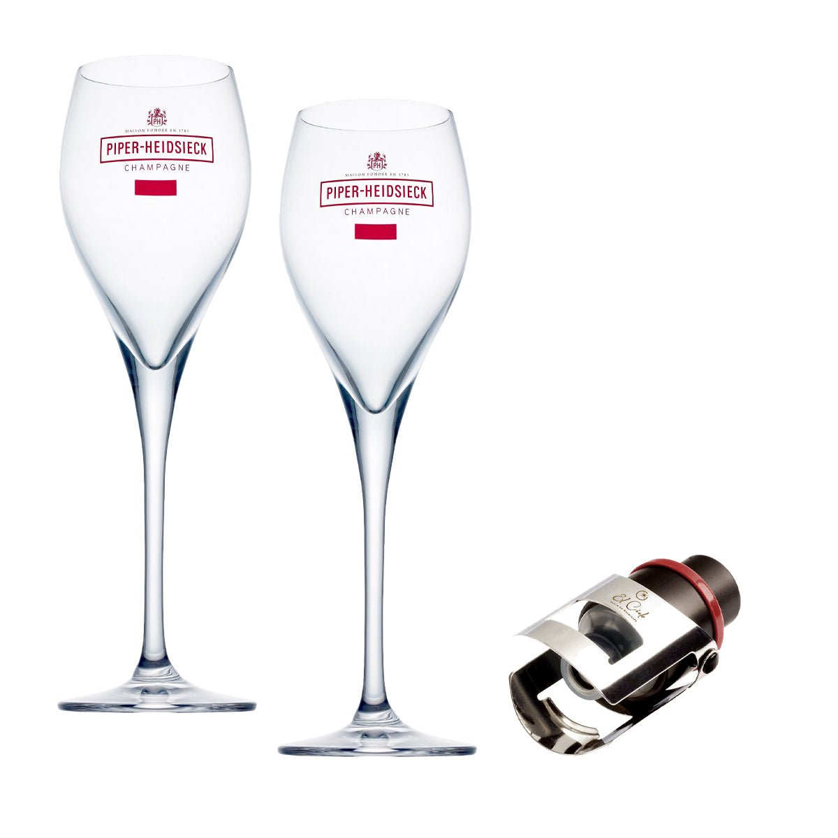 Set 2 copas flute Piper - Heidsieck y 1 tapon bomba vacio - Vinos El Cielo